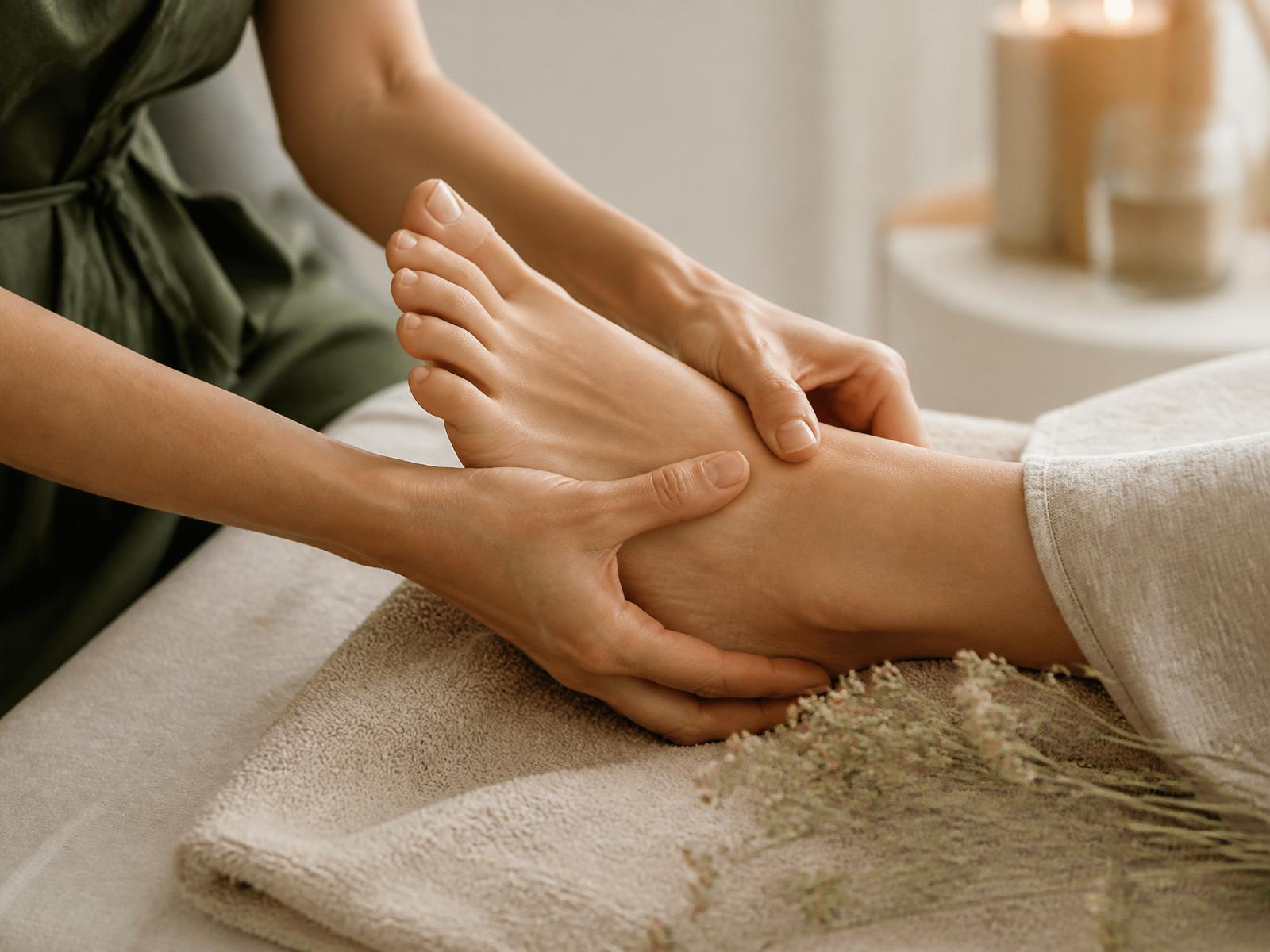Sessão de reflexologia podal em ambiente de spa com luz natural